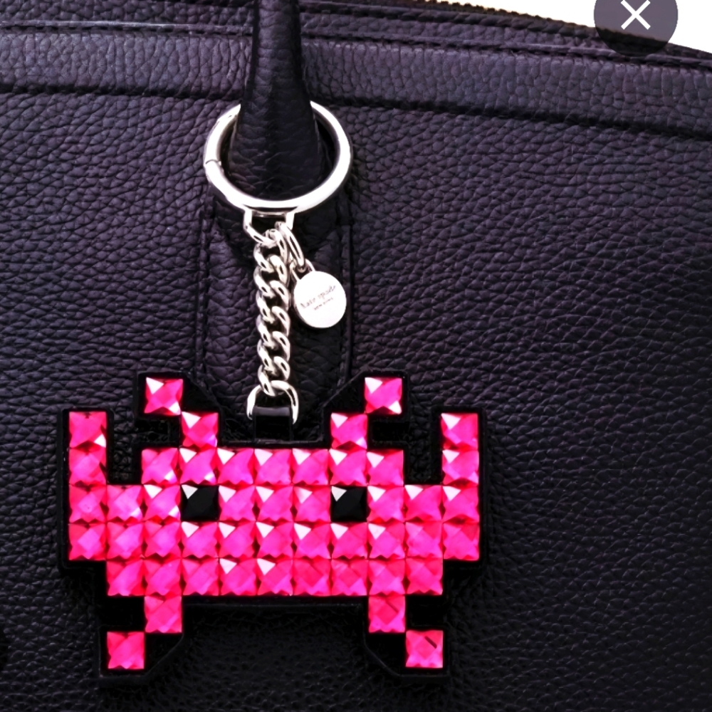 Kate Spade Pink and Black Bag SPACE Invaders KEY Charm Kate Dustbag too💕🖤NWT